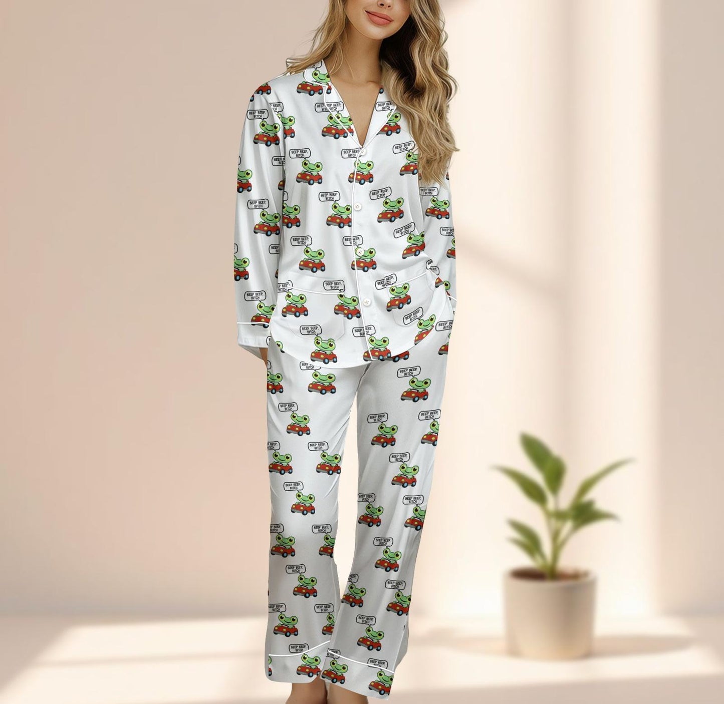 Frog Car Satin Pajama Set, Beep Beep Women Sleepwear, Cute Kawaii Cartoon Pjs, Whimsical Animal Pj Set, Cozy Loungewear, Funny Gift