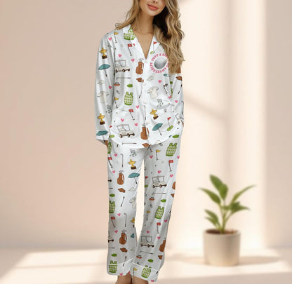 Funny Golf Lover Satin Pajama Set, Just A Girl Who Loves Golf Sleepwear, Cute Golf Matching Pjs, Sporty Loungewear, Gift For Her