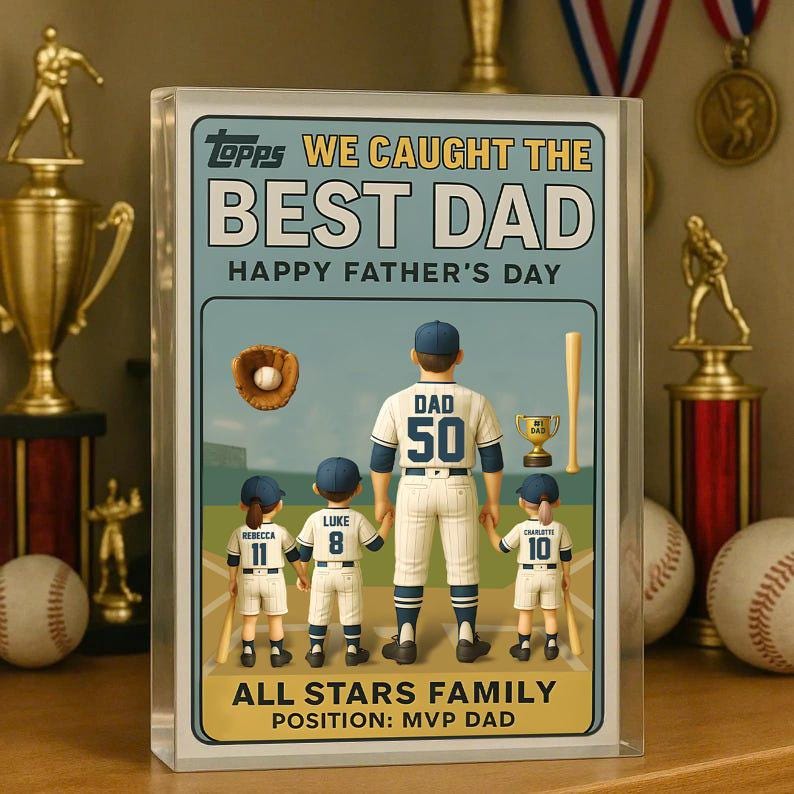 We Caught the Best Dad Vintage Baseball Trading Card Style Acrylic Block Personalized Father's Day 2025, Gift For Father, Grandpa, Husband