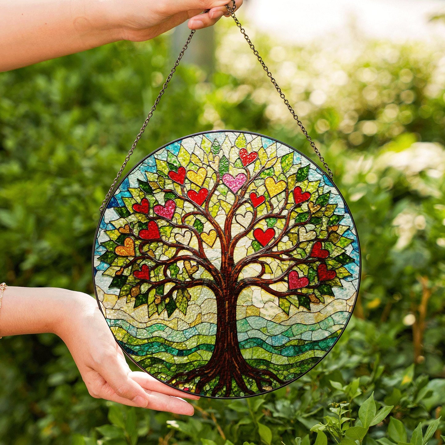 Tree of hearts stained glass round suncatcher window hanging gift for mom or loved ones