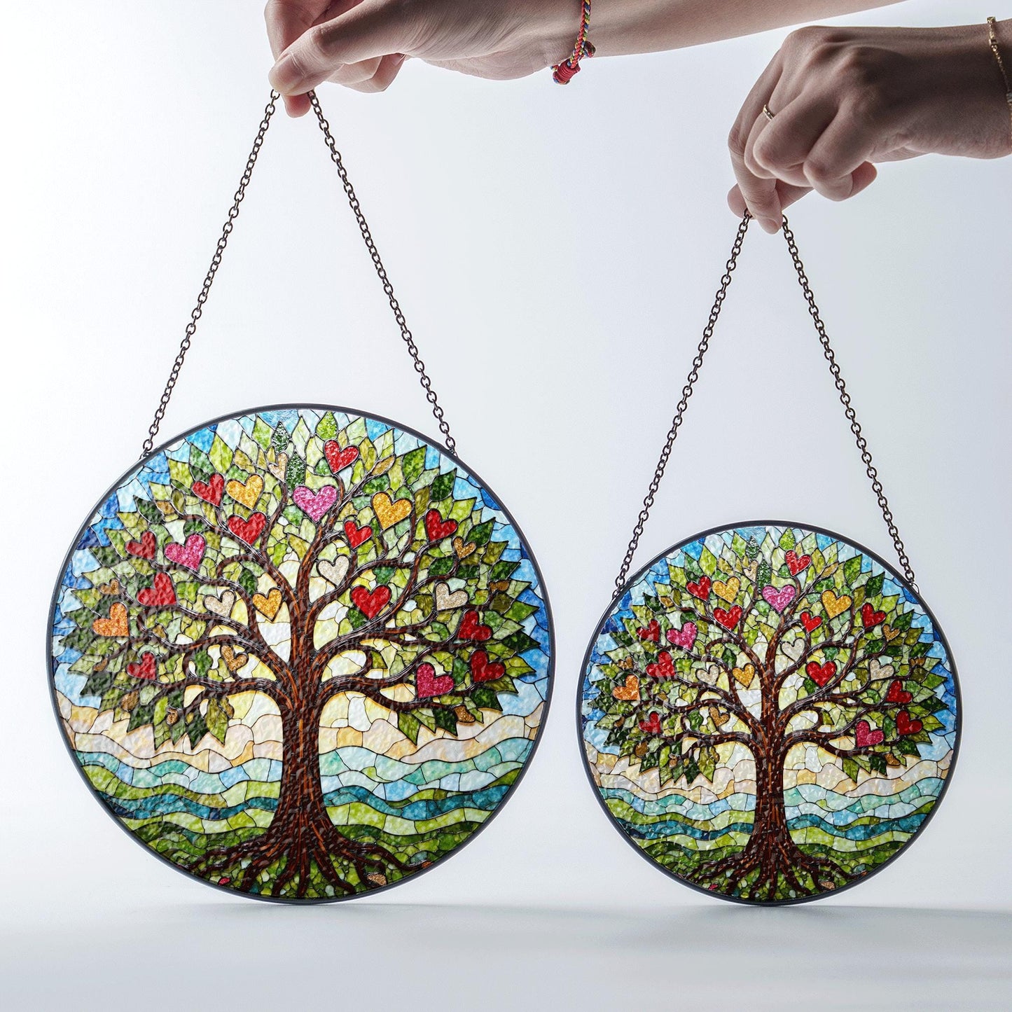 Tree of hearts stained glass round suncatcher window hanging gift for mom or loved ones