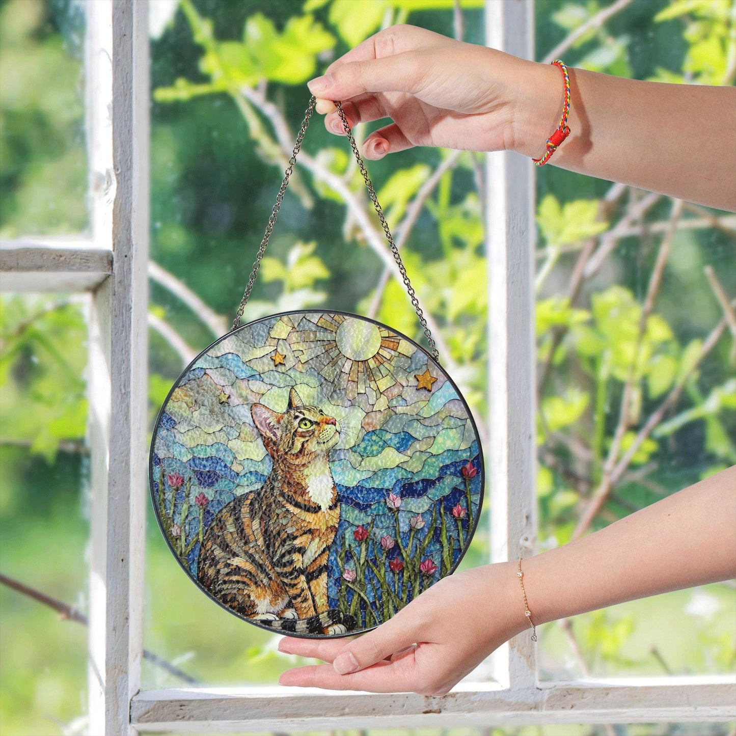 Tabby Cat Moonlight Suncatcher Stained Glass Window Decor Gift For Cat Lovers