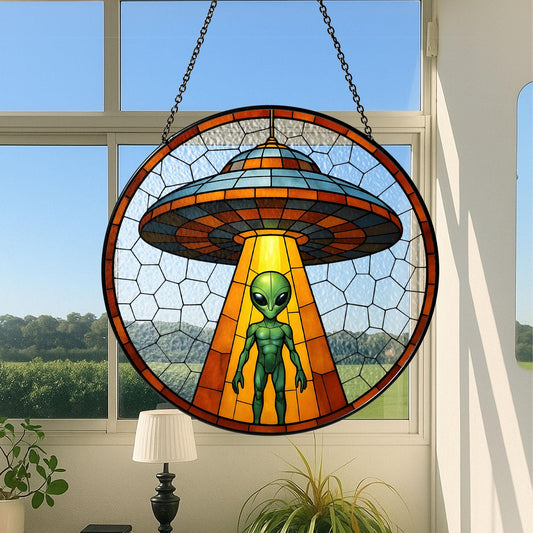 Alien UFO Abduction Stained Glass Suncatcher, UFO Wall Art, Cryptid Hanging Home Decoration, Alien Cryptozoology Decor, Spaceship Decor