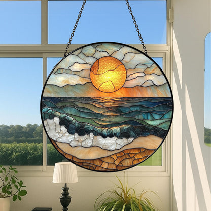 Beach Sunset Glass Suncatcher, Ocean Sunset Suncatcher, Beach Window Hanging, Beach Lover Home Decor, Beach Suncatcher, Summer Vibes Gift