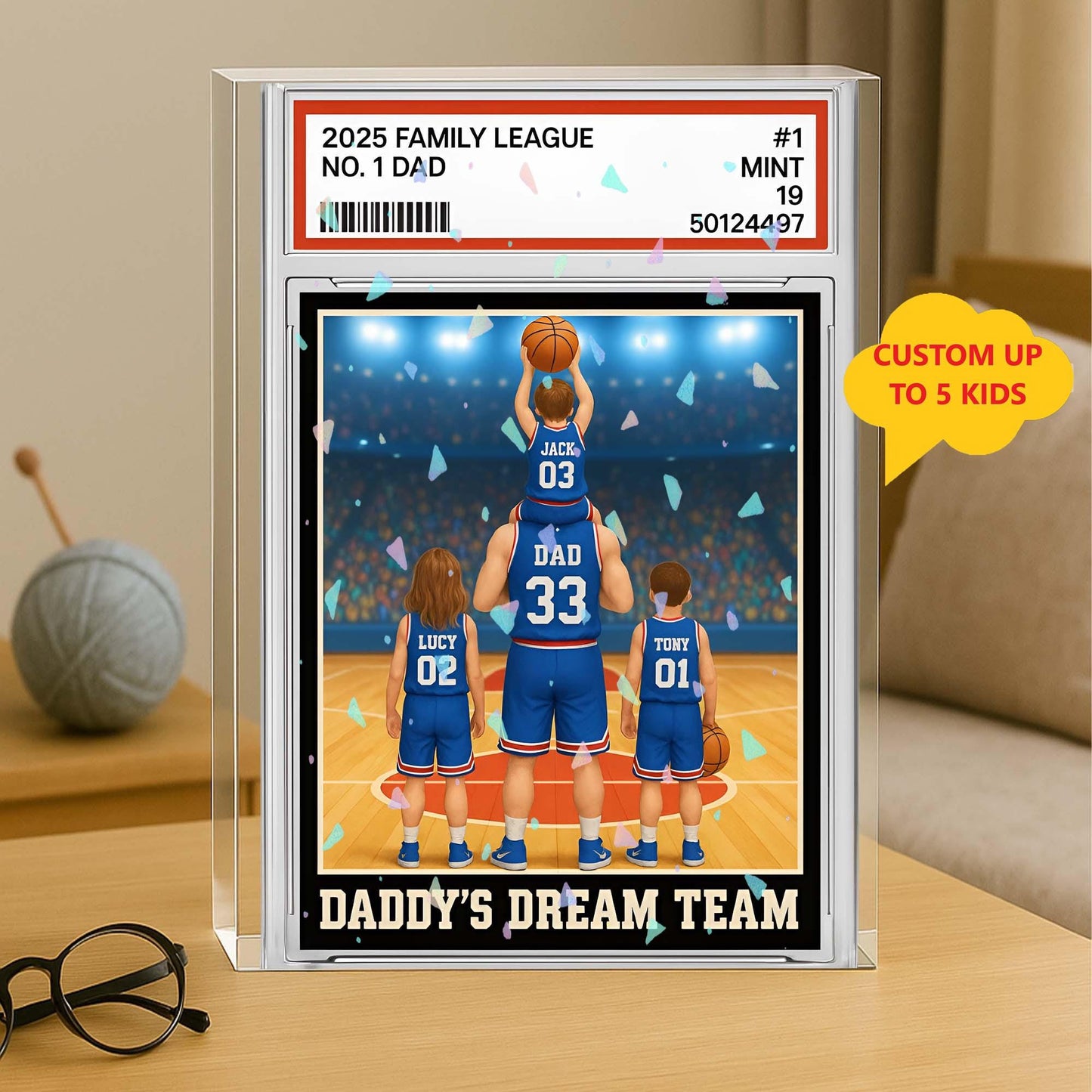 Personalized Basketball No. 1 Dad Grandpa Man & Kids Trading Card Style Acrylic Block Plaque, Custom Fathers Day Gift, Basketball Lover