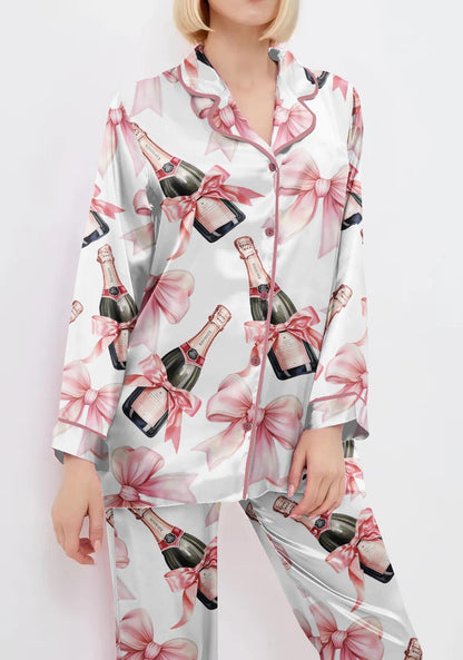 Coquette Champagne Pajamas Satin Set, Pink Bows Shirt, Mother's Day Gift, Birthday Gift,Pjs For Women, Bridesmaid Gifts, Bachelorette