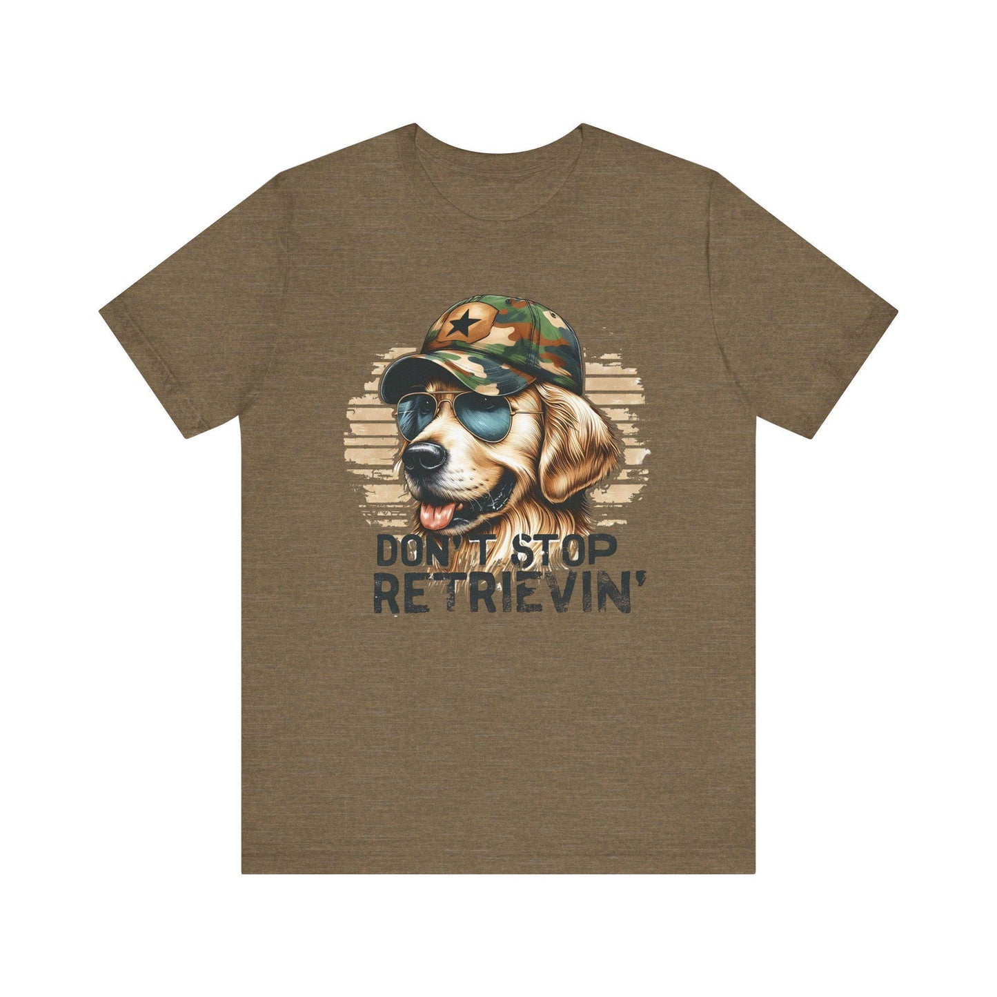 Adult Don't Stop Retrievin' Tee, Fun Golden Retriever Shirt, Gift for Duck Hunter, Golden Retriever Lover, Camo Shirt, Golden Retriever Top