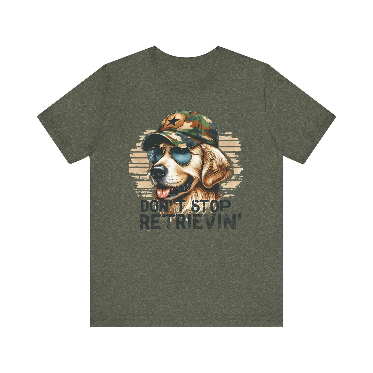 Adult Don't Stop Retrievin' Tee, Fun Golden Retriever Shirt, Gift for Duck Hunter, Golden Retriever Lover, Camo Shirt, Golden Retriever Top