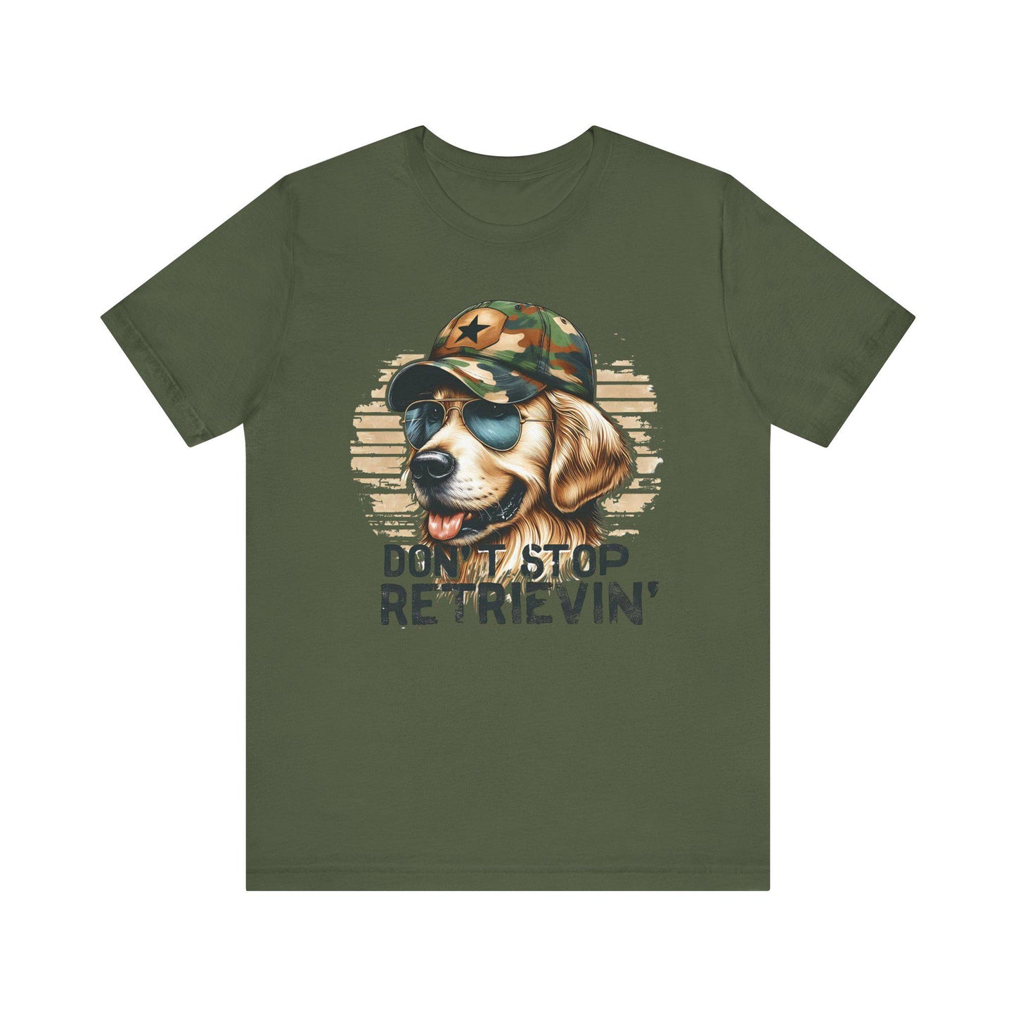 Adult Don't Stop Retrievin' Tee, Fun Golden Retriever Shirt, Gift for Duck Hunter, Golden Retriever Lover, Camo Shirt, Golden Retriever Top