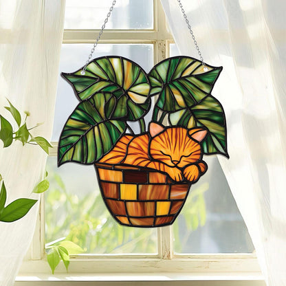 Orange Cat Sleeping In Plant Pot Window Hanging, A Cozy Sleeping Cat Gift, Tropical Leaf Pot Decor, Botanical Jungle Ornament, Memorial Gift