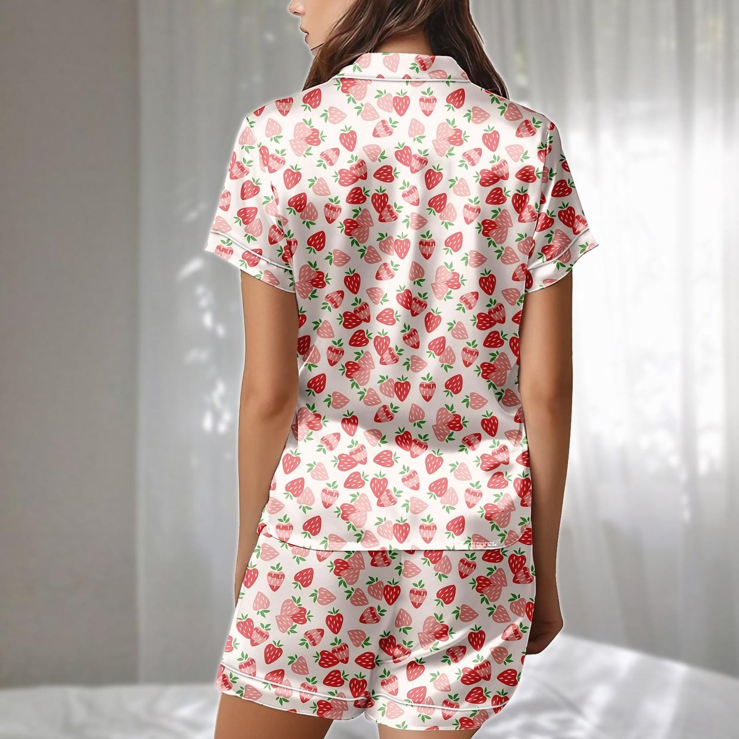 Strawberry Cartoon Satin Pajamas Set, Pink Fruit Print Short Sleepwear, Kawaii Summer Loungewear, Cute Women Pajamas Set, Funny Gift