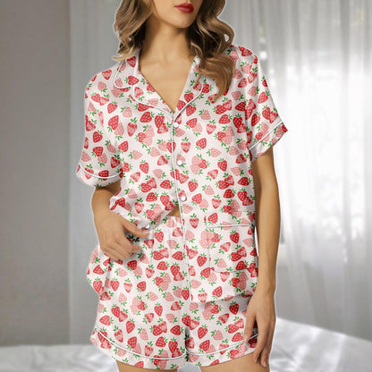 Strawberry Cartoon Satin Pajamas Set, Pink Fruit Print Short Sleepwear, Kawaii Summer Loungewear, Cute Women Pajamas Set, Funny Gift