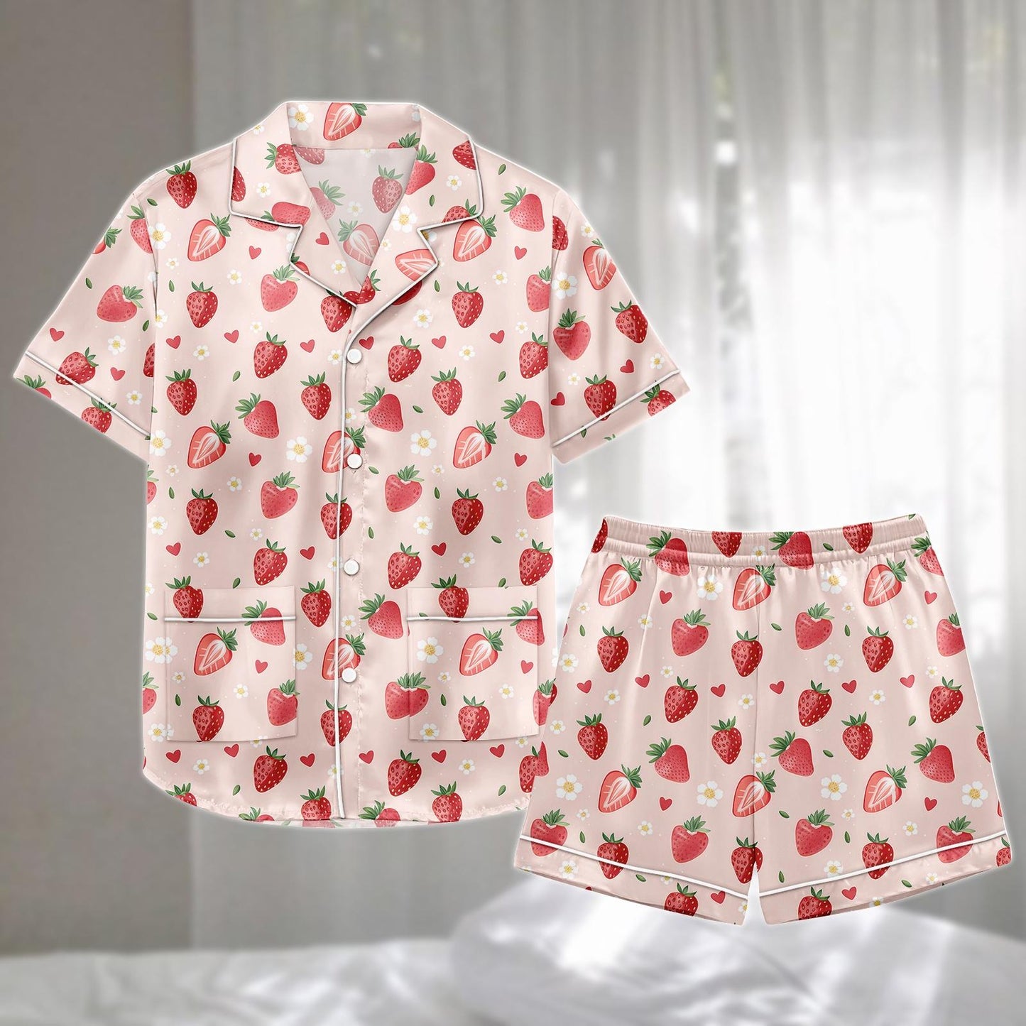Kawaii Strawberry Satin Pajamas Short Set, Pink Heart And Floral Sleepwear, Cute Summer Pajamas Set, Matching Pajamas, Gift For Her