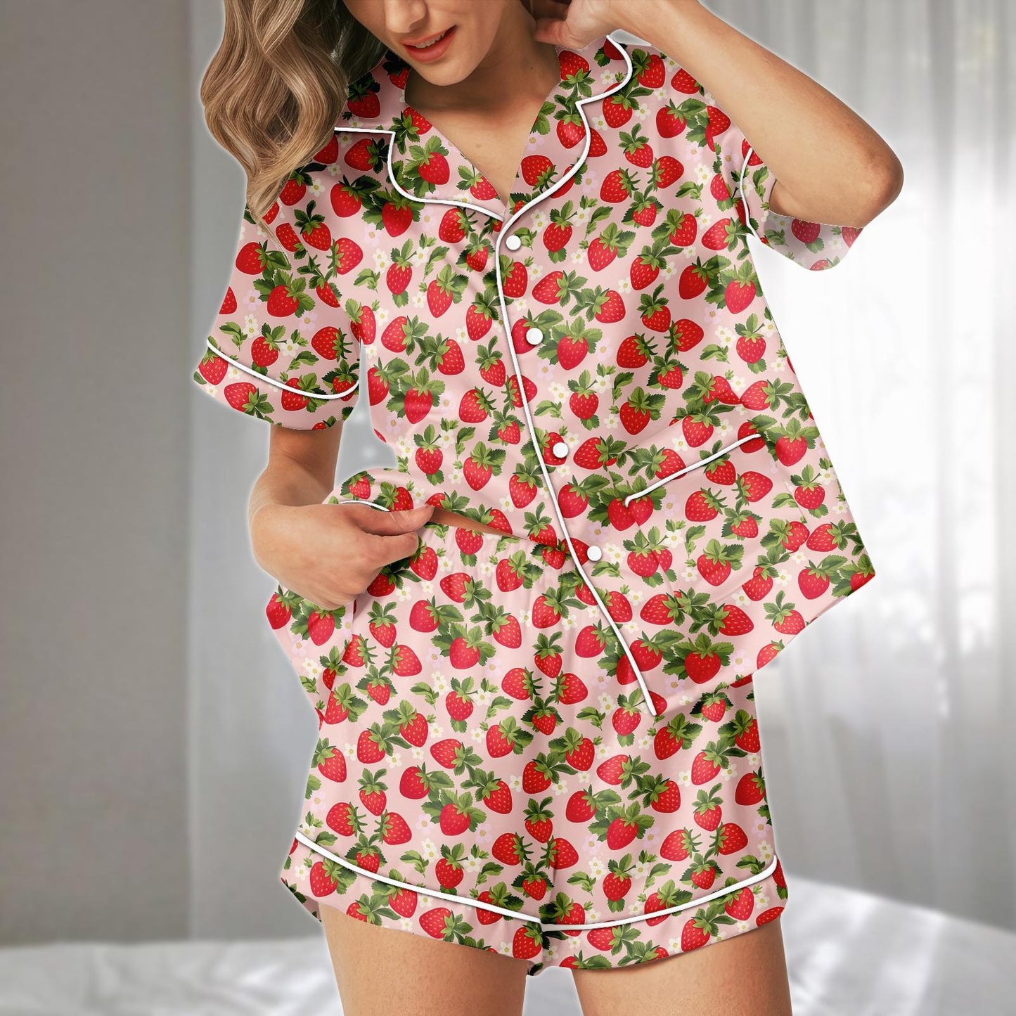 Cute Strawberry Satin Pajamas Set, Short Summer Sleepwear Set For Women, Girly Loungewear, Matching Pajamas Set, Gift For Her