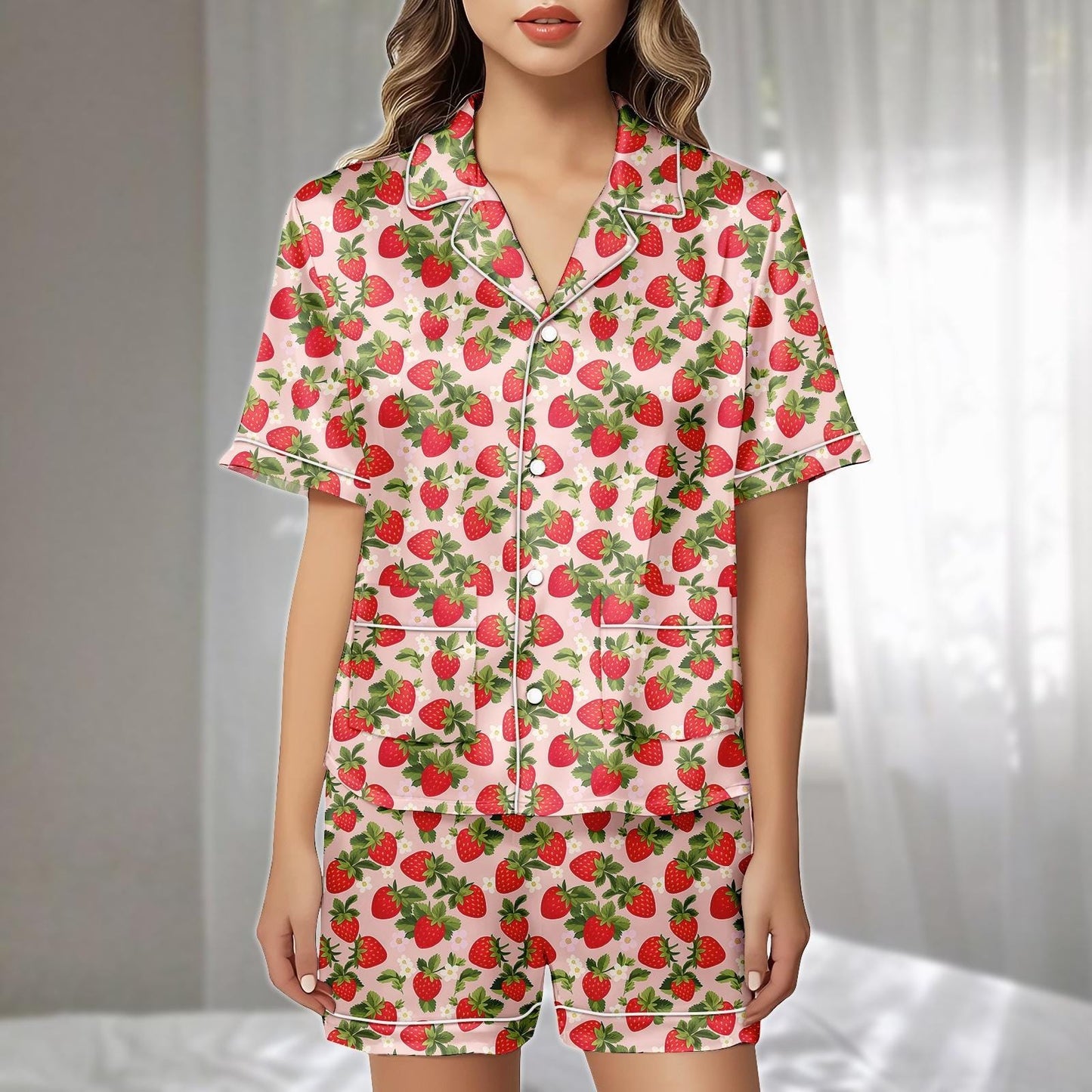 Cute Strawberry Satin Pajamas Set, Short Summer Sleepwear Set For Women, Girly Loungewear, Matching Pajamas Set, Gift For Her