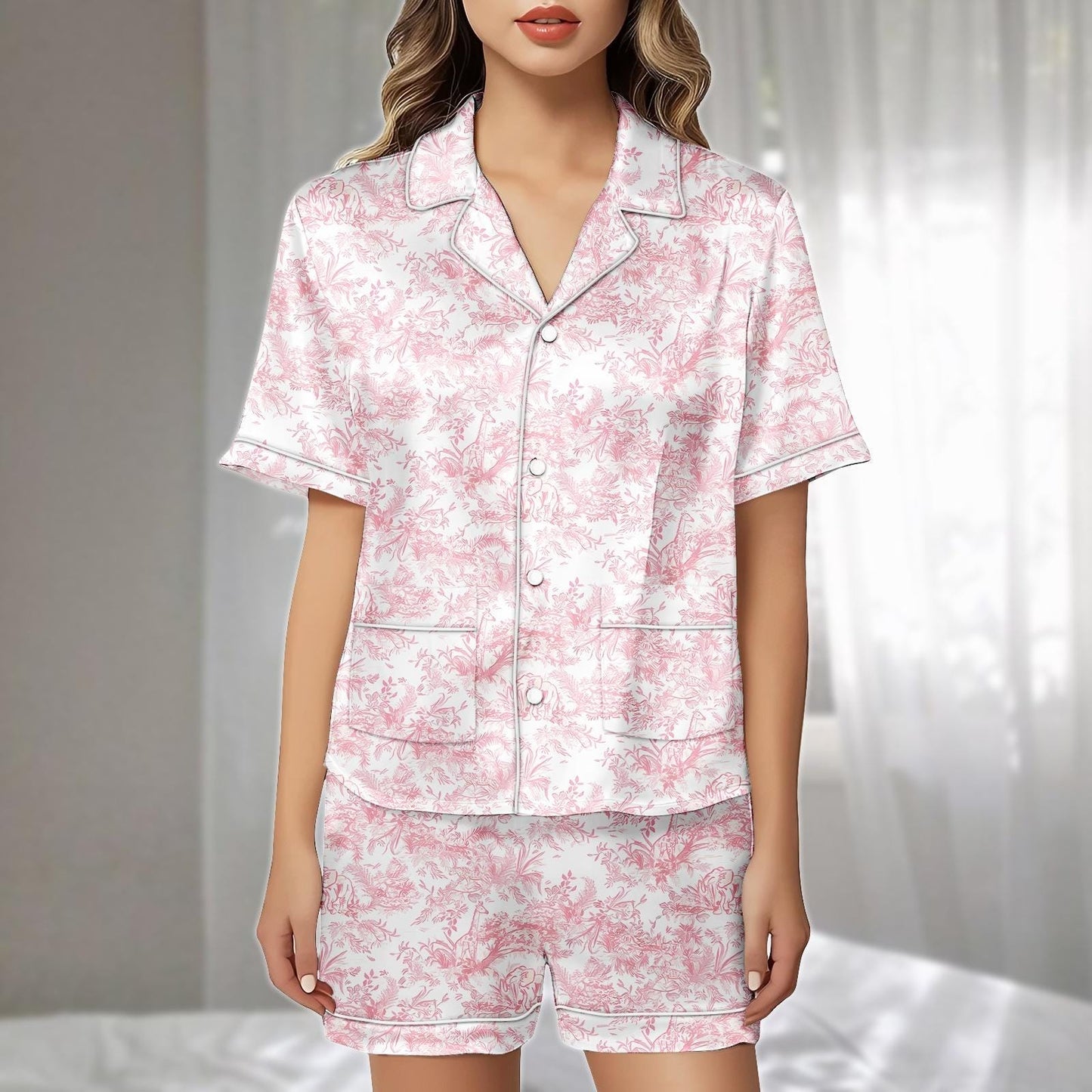 Toile De Jouy Satin Pajamas Short Set, Pink French Vintage Sleepwear, Elegant Romantic Loungewear, Matching Pajamas Set, Funny Gift