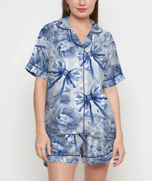 Mom Birthday Gift, Blue Coquette Floral Pajamas Satin Set, Mother's Day Gift, Gift For Her, Gift For Grandma, Birthday Gift, Gift For Women