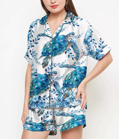 Mom Birthday Gift, Sea Turtle Floral Pajamas Satin Set, Mother's Day Gift, Gift For Her, Gift For Grandma, Birthday Gift, Gift For Women