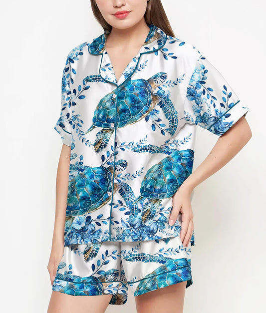 Mom Birthday Gift, Sea Turtle Floral Pajamas Satin Set, Mother's Day Gift, Gift For Her, Gift For Grandma, Birthday Gift, Gift For Women