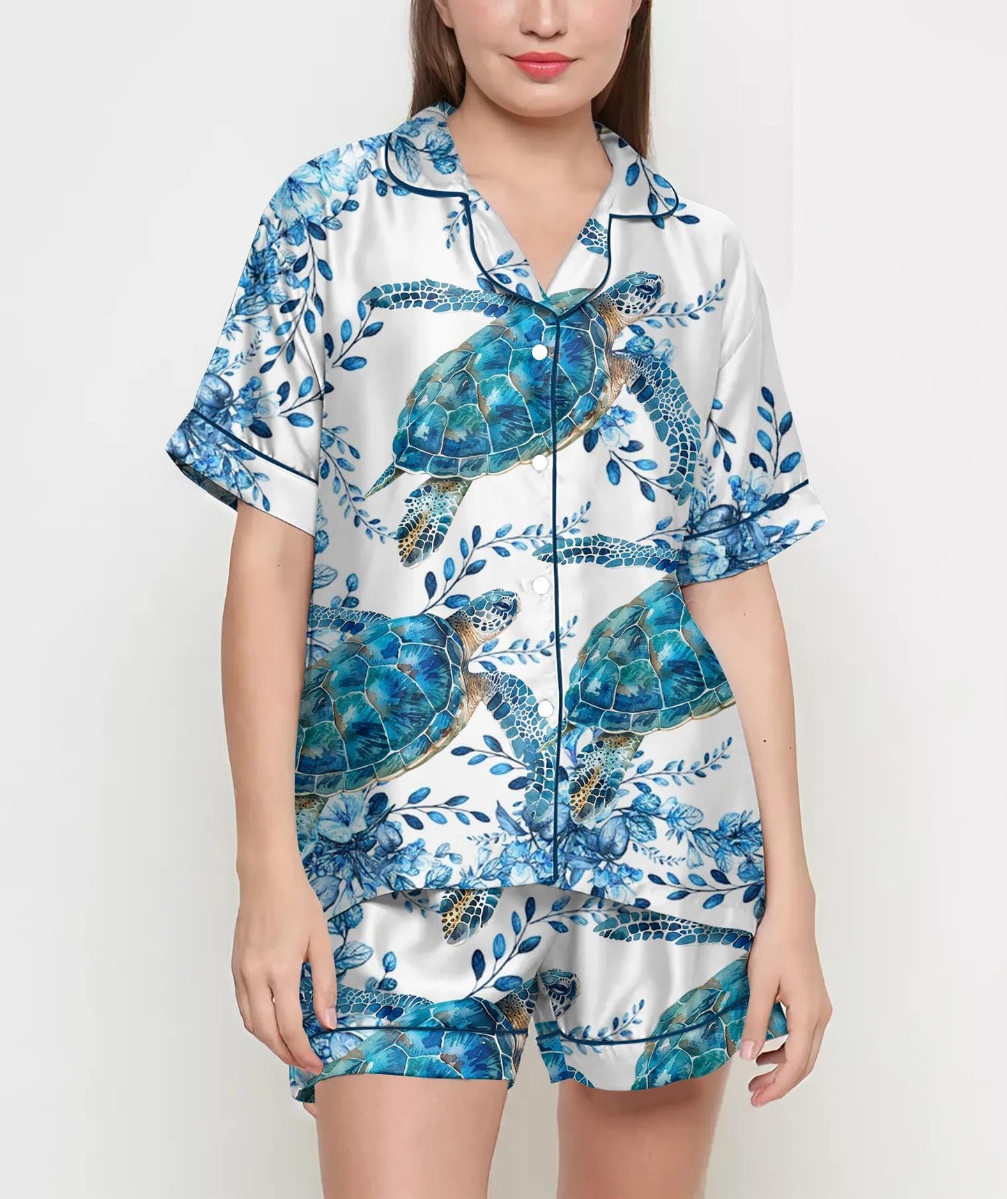 Mom Birthday Gift, Sea Turtle Floral Pajamas Satin Set, Mother's Day Gift, Gift For Her, Gift For Grandma, Birthday Gift, Gift For Women