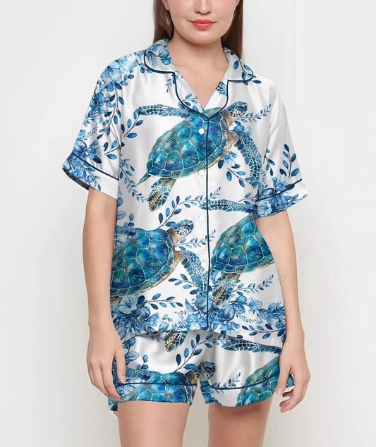 Mom Birthday Gift, Sea Turtle Floral Pajamas Satin Set, Mother's Day Gift, Gift For Her, Gift For Grandma, Birthday Gift, Gift For Women