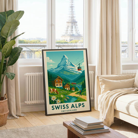 Swiss Alps Travel Poster Wall Art, Vintage Switzerland Alps Print, Modern Home Décor, Bright Birthday & Wedding Gift Artwork, Swiss Mountain