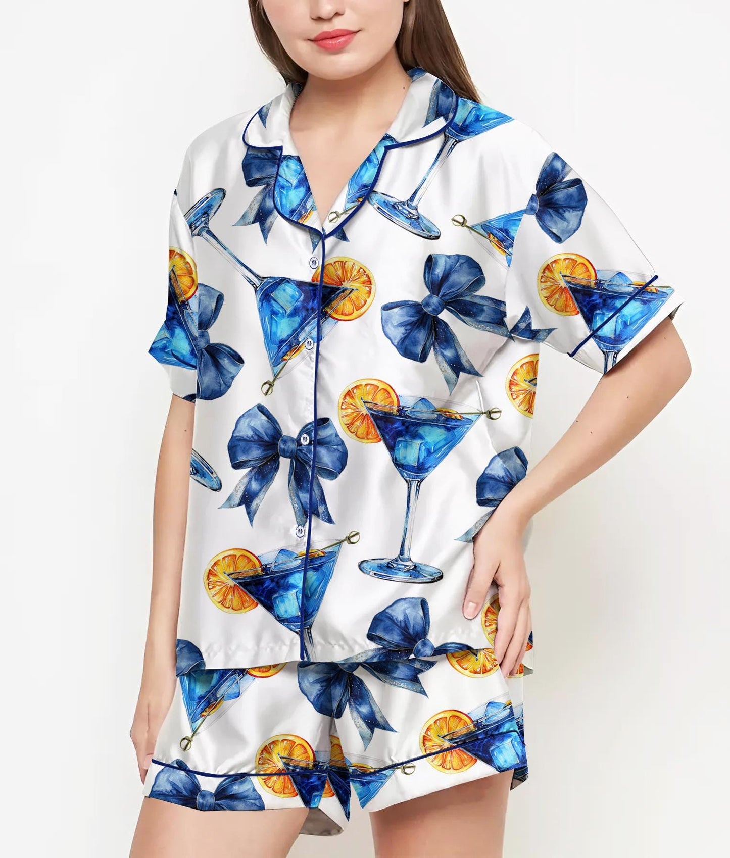 Mom Birthday Gift, Blue Cocktail Coquette Pajamas Satin Set, Women Gift, Mother Gift, Birthday Gift Women, Bridesmaid Gifts, Bachelorette