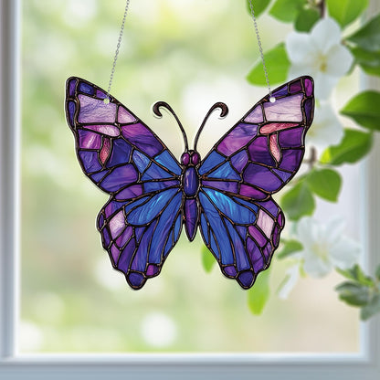 Elegant Stained Glass Butterfly Window Hanging – Purple and Blue Wings Design, Perfect for Adding a Whimsical, Nature-Inspired Touch