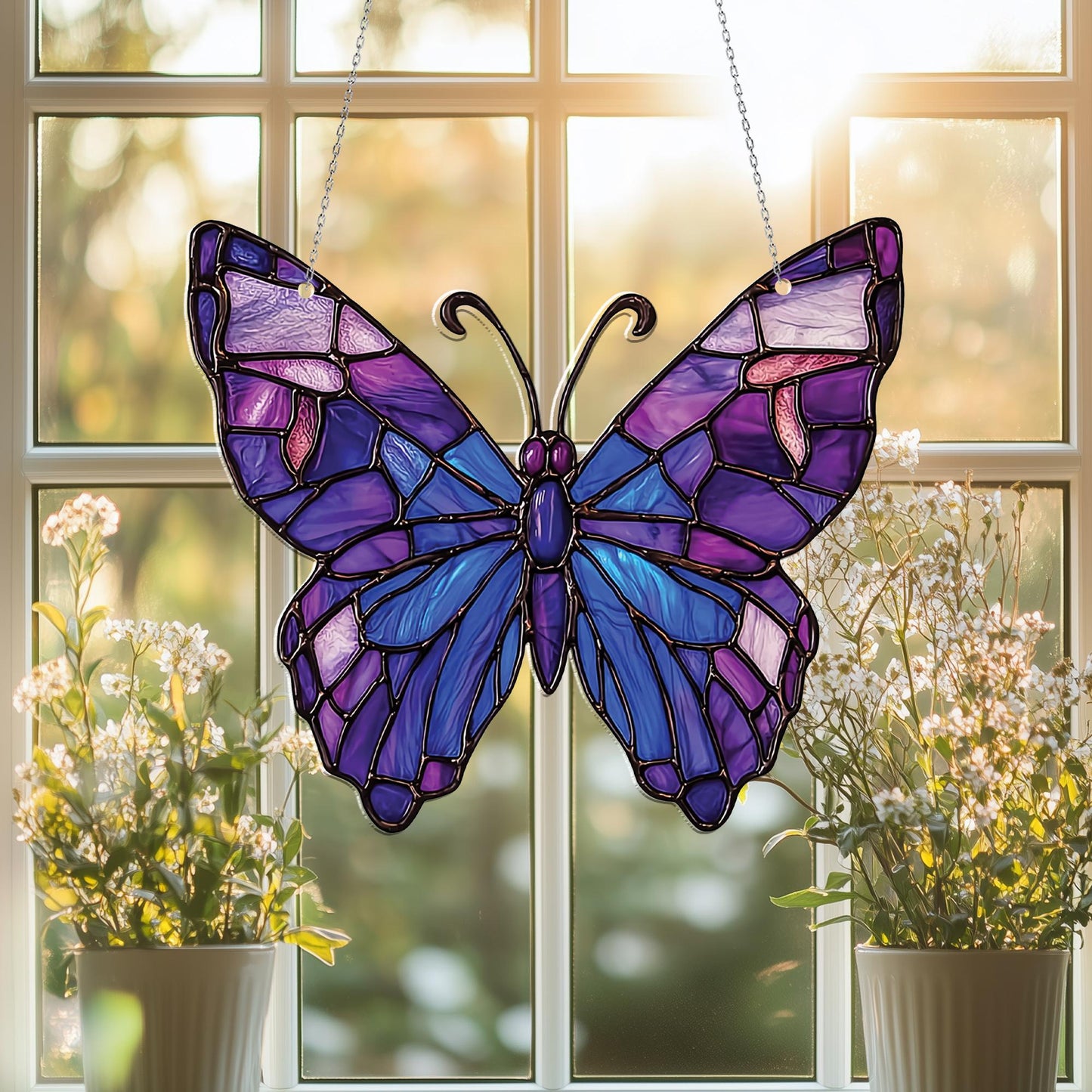 Elegant Stained Glass Butterfly Window Hanging – Purple and Blue Wings Design, Perfect for Adding a Whimsical, Nature-Inspired Touch