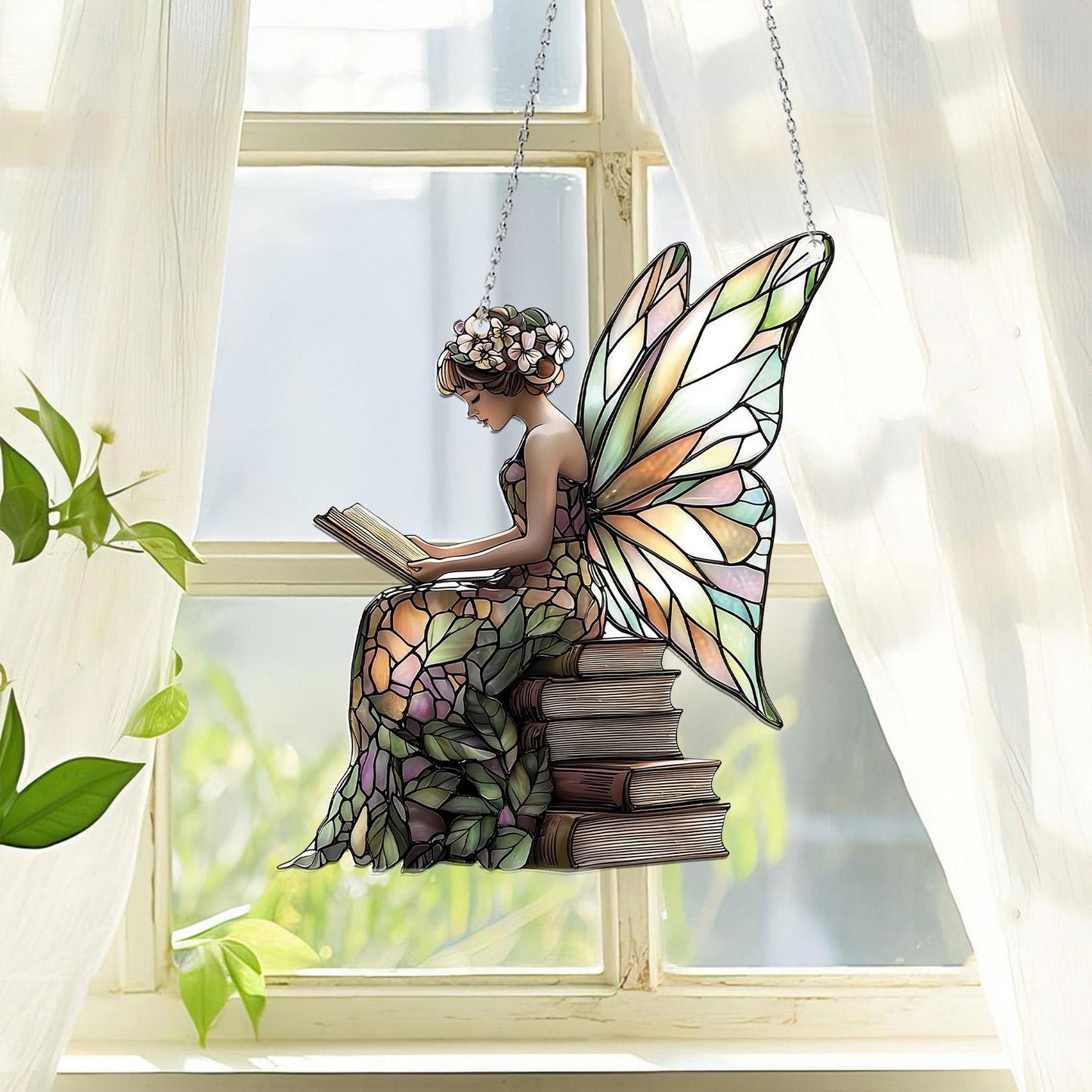 Butterfly Fairy Reading Book Acrylic Window Hanging, Whimsical Fairy Ornament, Book Lovers Gift, Enchanted Forest Gift, Fairy Garden Decor