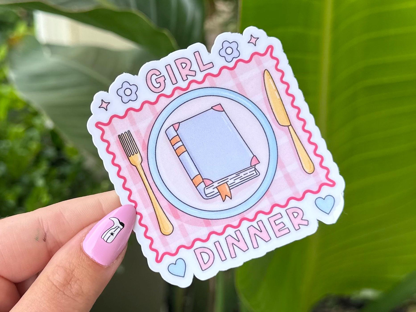 Girl Dinner Waterproof Sticker, Mental Health Stickers, Handdrawn Art, Bestfriend Gifts, Positivity, Anxiety, Bookish, Reading