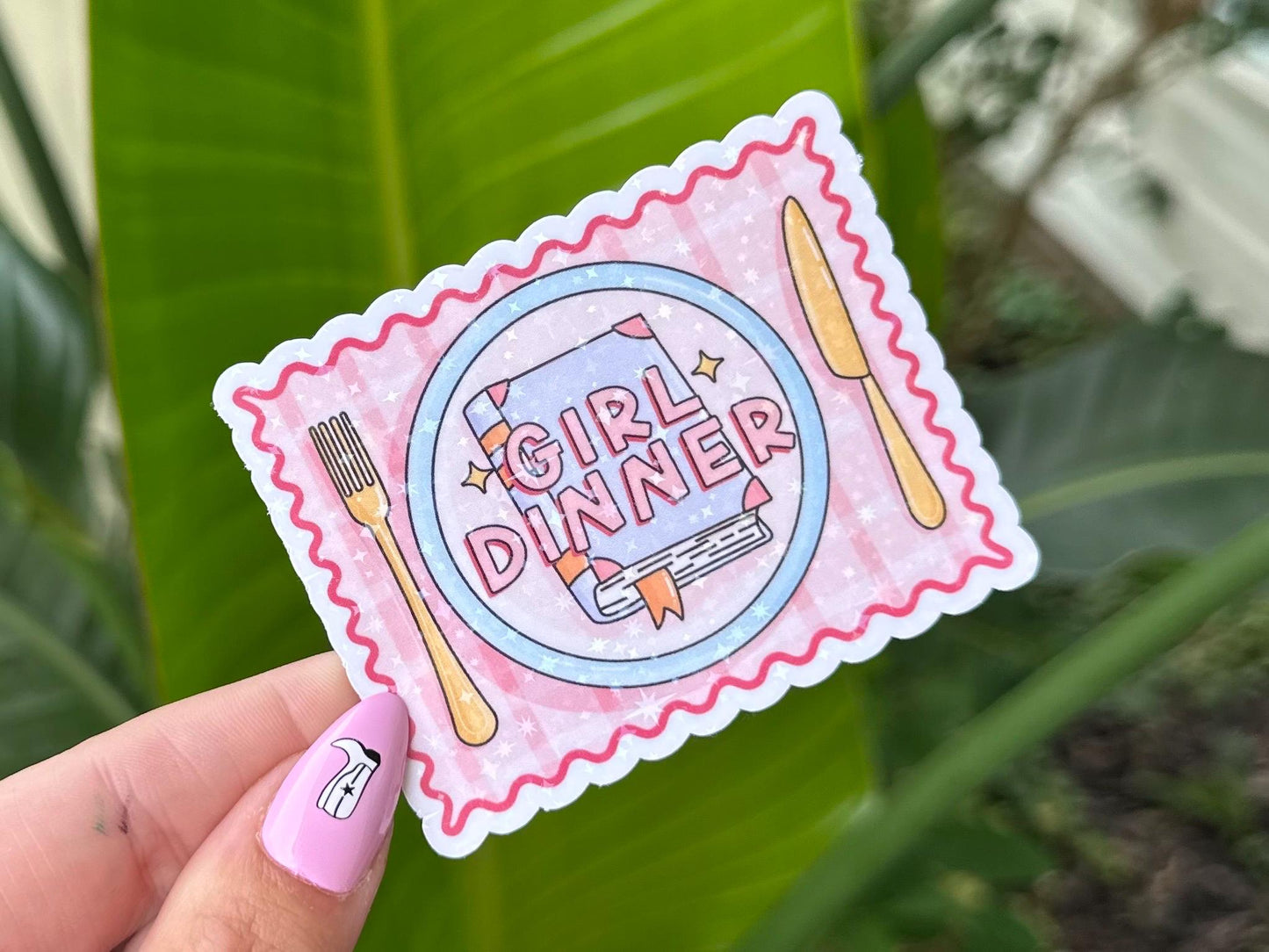 Girl Dinner Holographic Waterproof Sticker, Mental Health Stickers, Handdrawn Art, Bestfriend Gifts, Positivity, Anxiety, Bookish, Reading