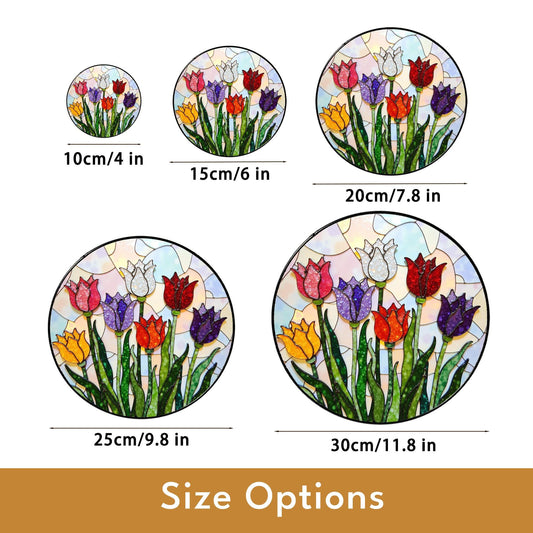 Colorful tulip flower garden round suncatcher stained glass decor gift for mom or nana