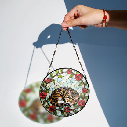 Sleeping tabby cat with roses round stained glass suncatcher gift for cat lover
