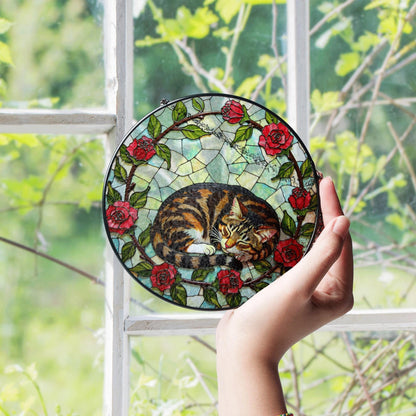 Sleeping tabby cat with roses round stained glass suncatcher gift for cat lover