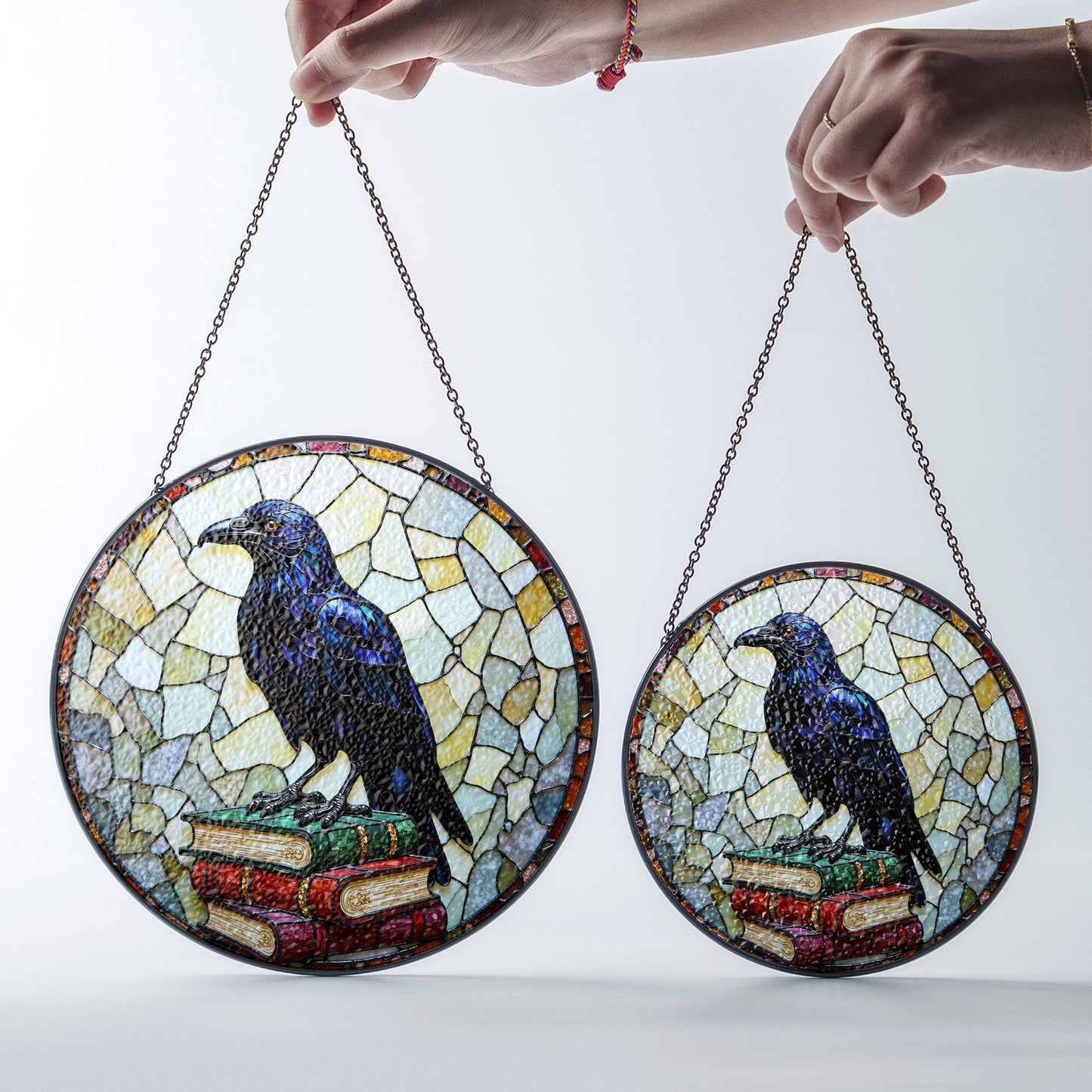 Raven on Books Round Suncatcher Gothic Window Art Gift for Book Lovers