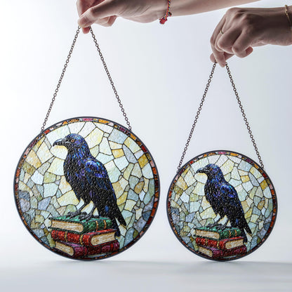 Raven on Books Round Suncatcher Gothic Window Art Gift for Book Lovers