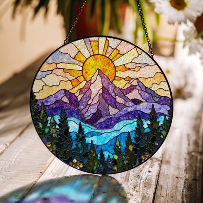 vibrant mountain sunrise suncatcher stained glass window hanging gift for nature lovers