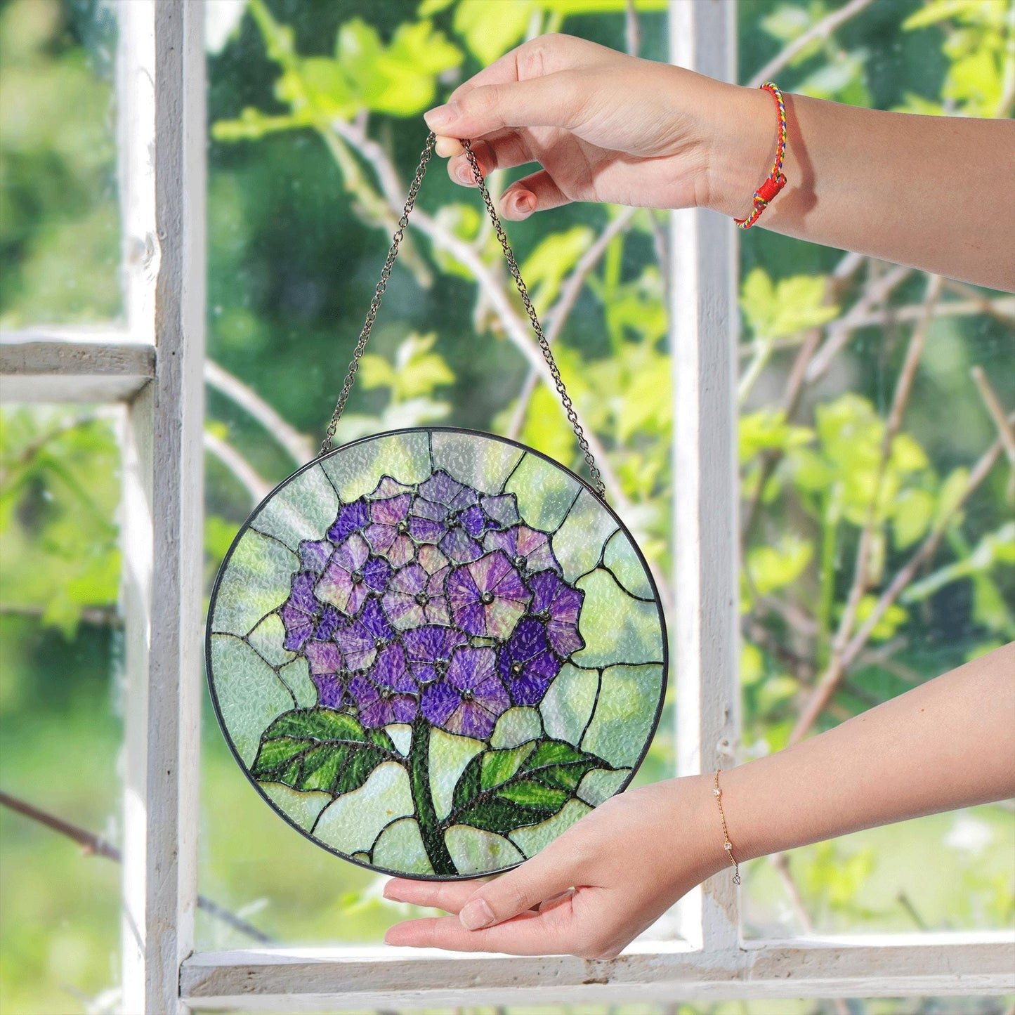 Purple Hydrangea Flower Stained Glass Suncatcher Window Decor Gift for Mom