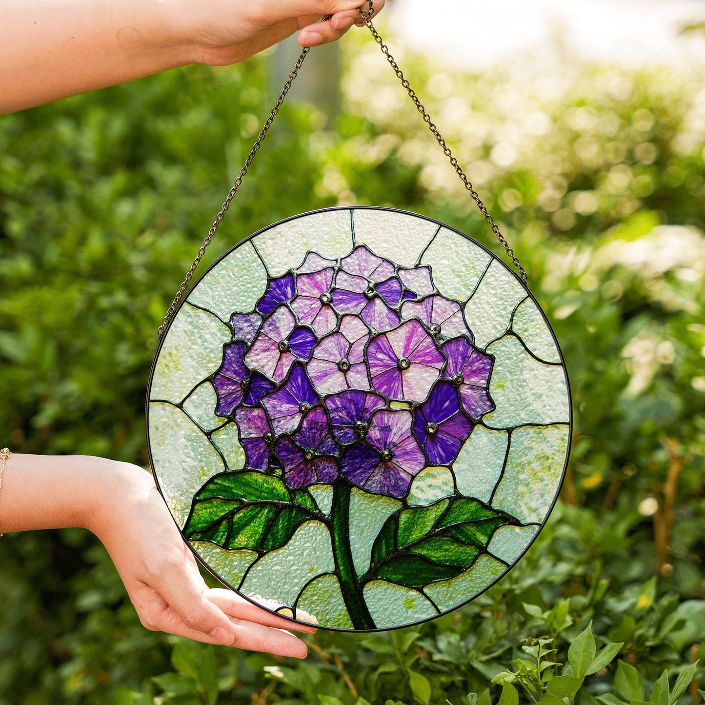 Purple Hydrangea Flower Stained Glass Suncatcher Window Decor Gift for Mom