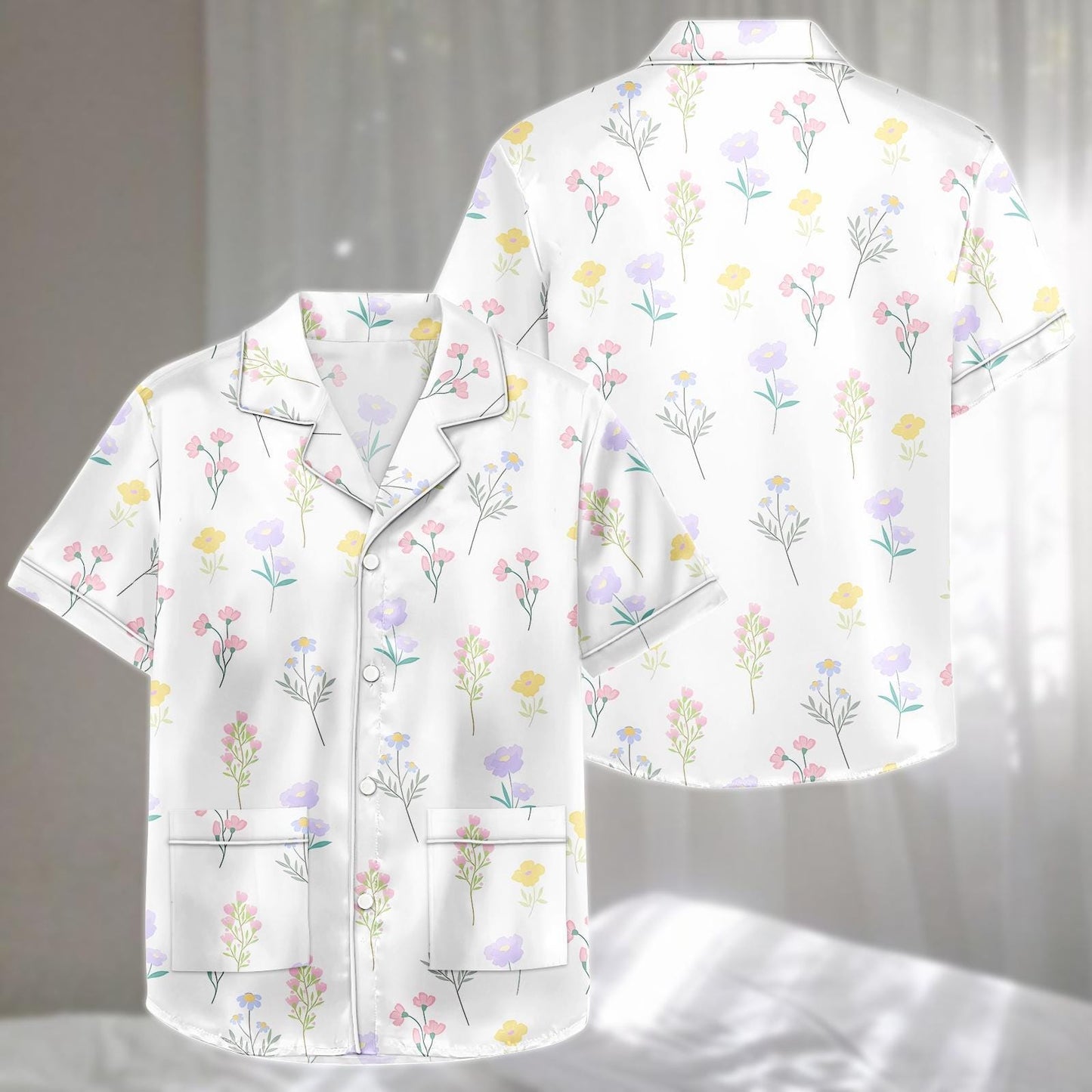 Pastel Floral Satin Pajama Short Set, Flowers Women Sleepwear, Nature Lovers Summer Nightwear, Cute Holiday Pajamas, Cute Gift For Her