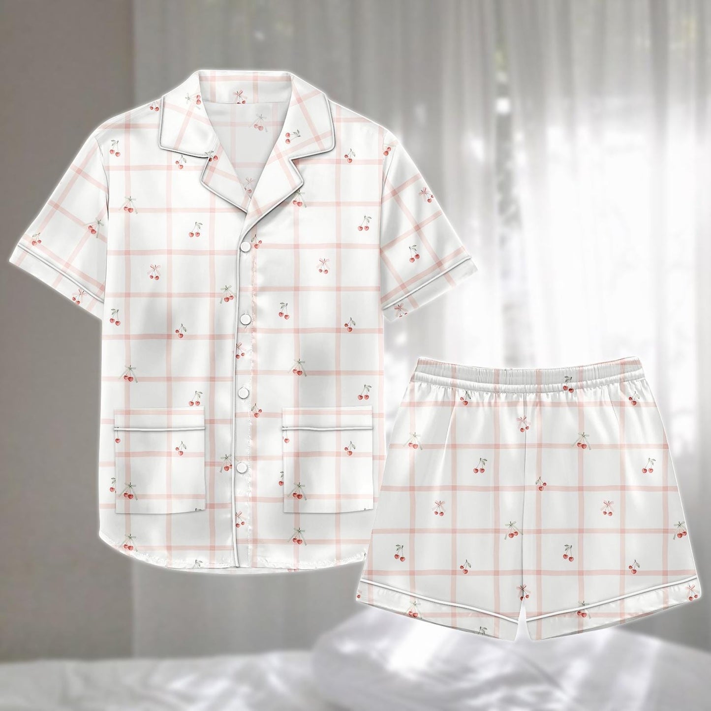 Cherry Plaid Satin Pajamas Short Set, Cute Fruit Women Sleepwear, Pink Checkered Summer Nightwear, Matching Pjs, Birthday Gift For Her