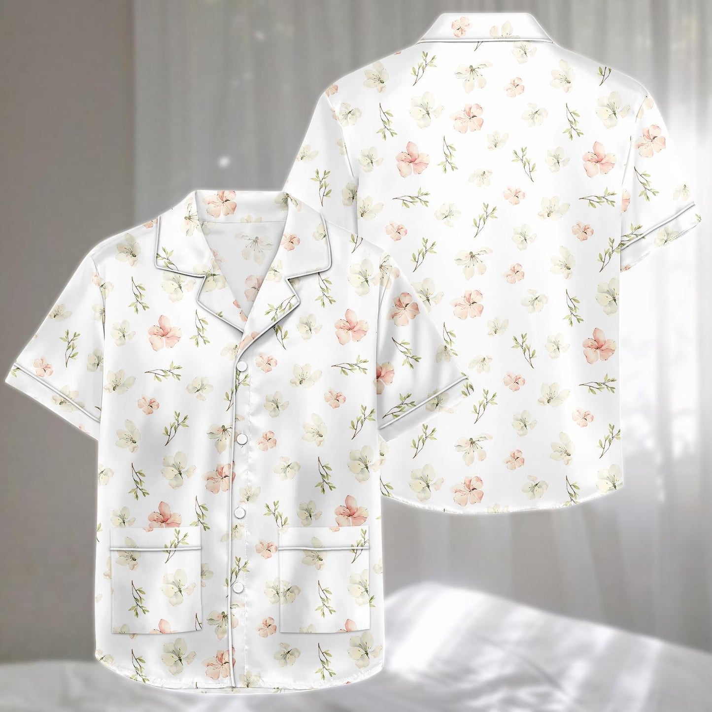 Floral Satin Pajamas Short Set, Soft Summer Sleepwear, Cute Flower Lounge, Nature Lovers Matching Pjs, Birthday Gift For Her