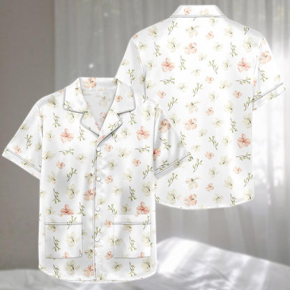 Floral Satin Pajamas Short Set, Soft Summer Sleepwear, Cute Flower Lounge, Nature Lovers Matching Pjs, Birthday Gift For Her