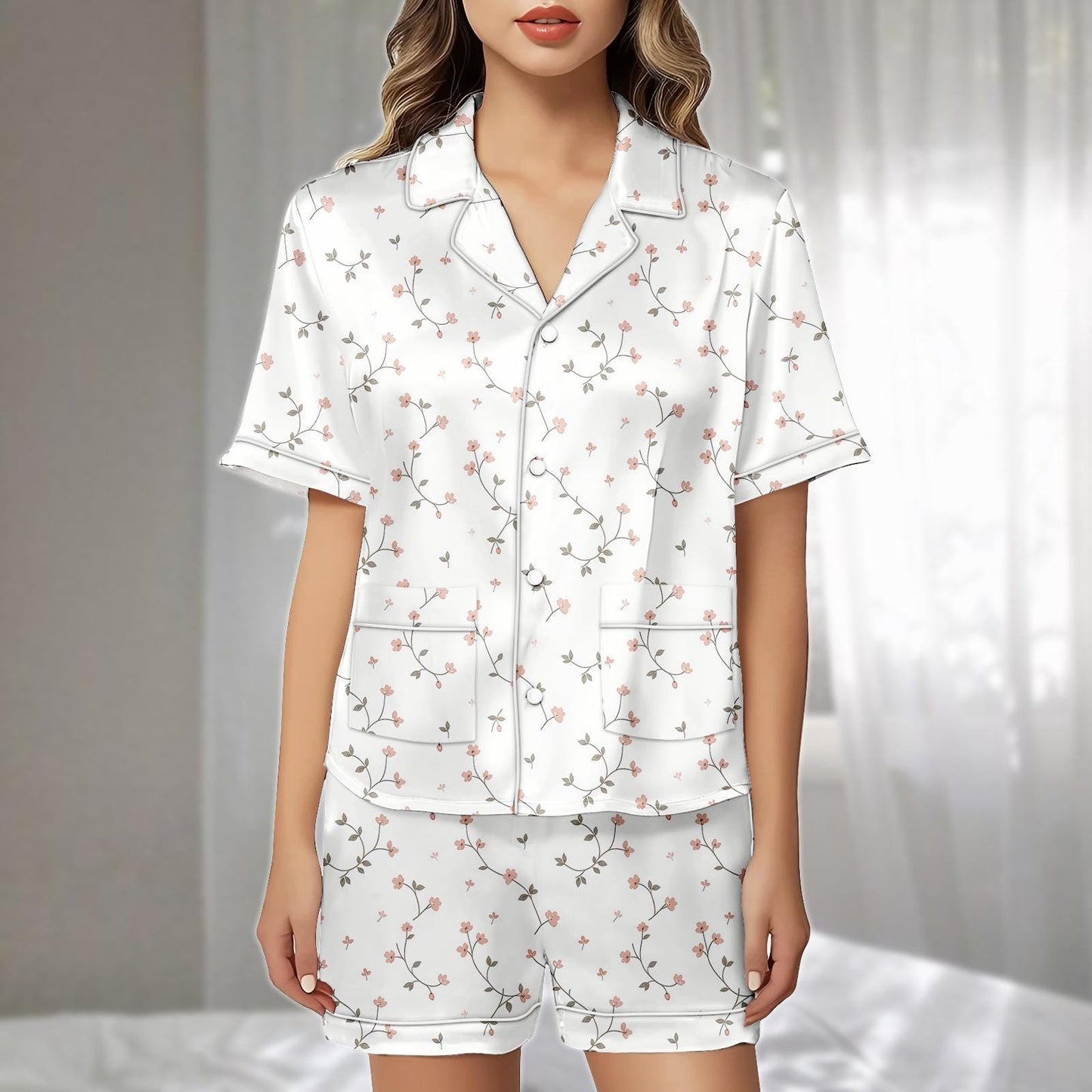 Delicate Floral Satin Pajama Short Set, Elegant Vine Flower Sleepwear, Summer Matching Pjs Women Nightwear, Birthday Gift Idea For Her