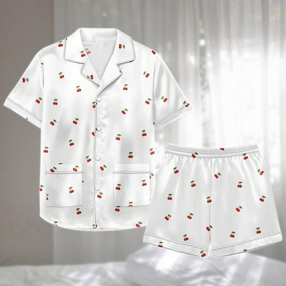 Cherry Satin Pajama Short Set, Cute Fruit Summer Sleepwear, Cute Matching Pjs Nightwear, Nature Lovers Holiday Pj Set, Gift For Her