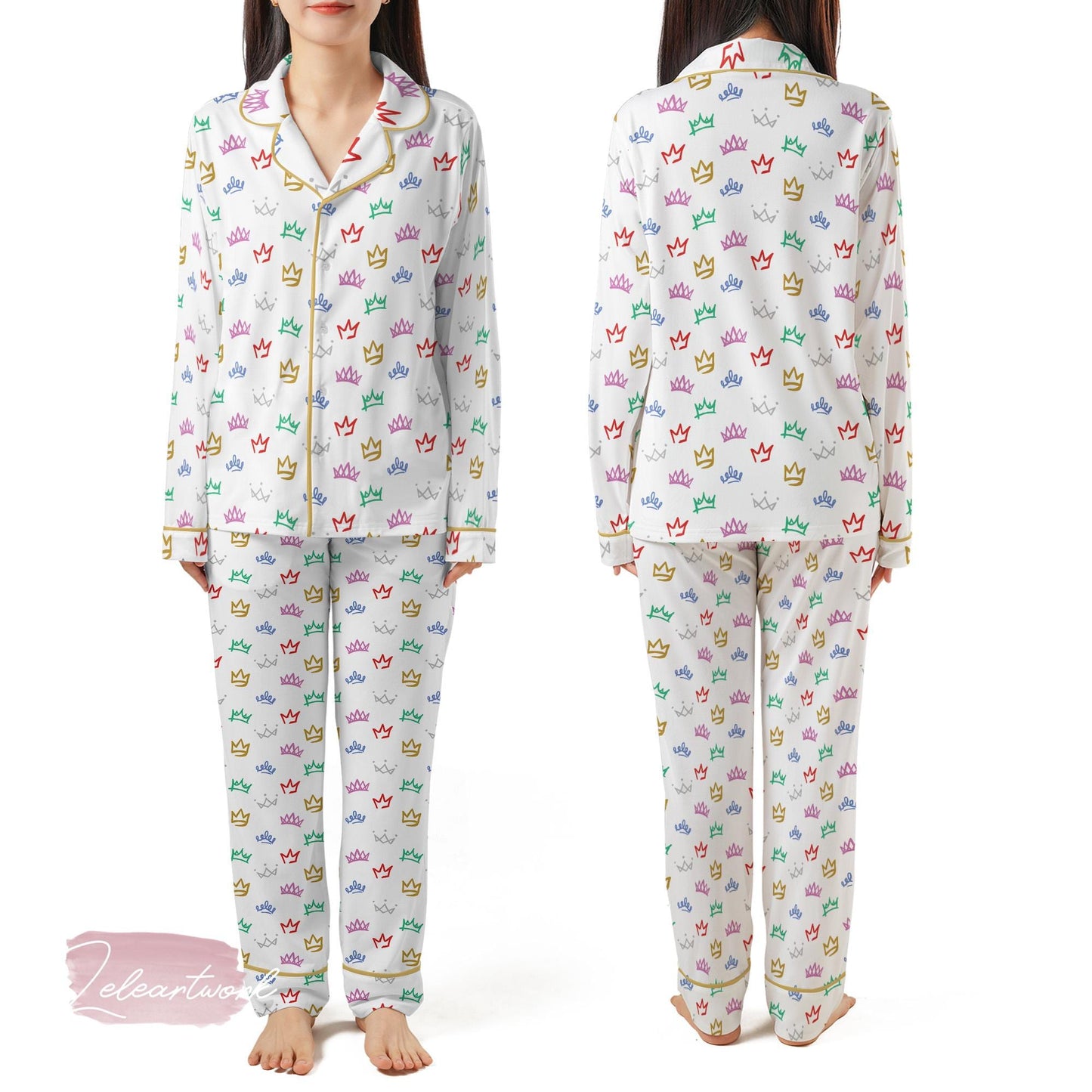 Six The Musical Broadway Set | Silky Satin Crown Print Pajama Set for Women | Queendom Sleepwear |  Theater Gift for Her