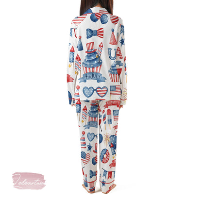 4th of July BBQ Set | Silky Satin Patriotic Pajama Set For Women | Red White And Blue Summer Sleepwear | Fireworks & Cookout Print PJs