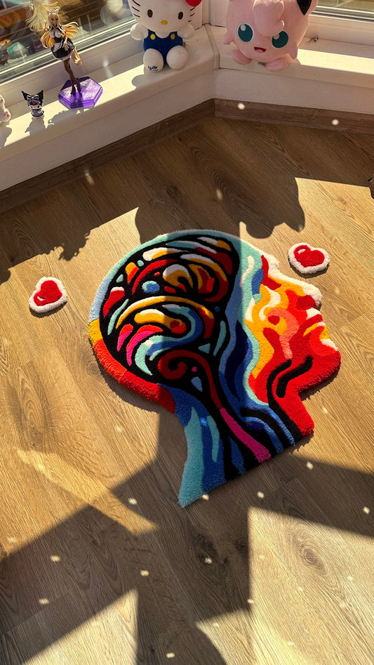Melting Brain Tufted Rug – Handmade Abstract Human Head Carpet, Custom Drippy Art for Creative Spaces, Surreal Room Decor