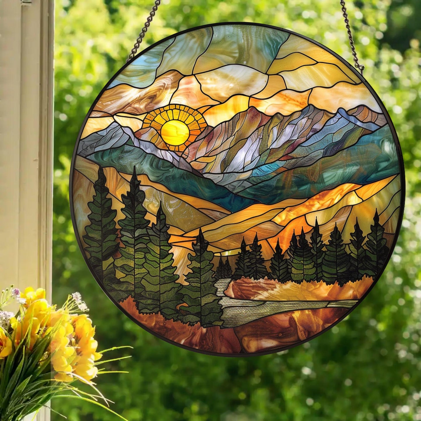 Mountain Range: Stained Glass Style Window Hanging